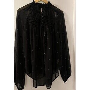 Free People L Black Lace Sheer Elastic Collar Flowy Sleeves Embroidered Tunic